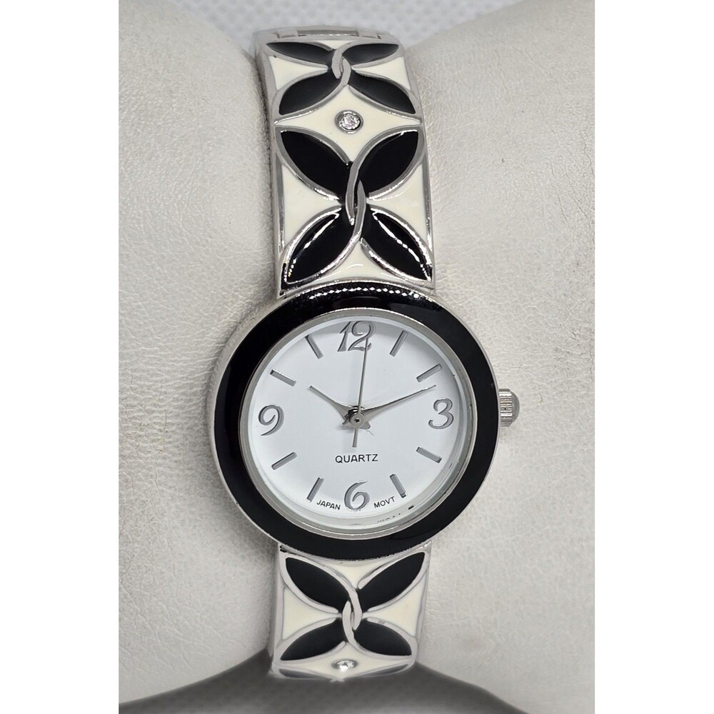 Women's Fancy Trendy Round White Silver Black Tone Cuff Band Watch 12 - Picture 3 of 9
